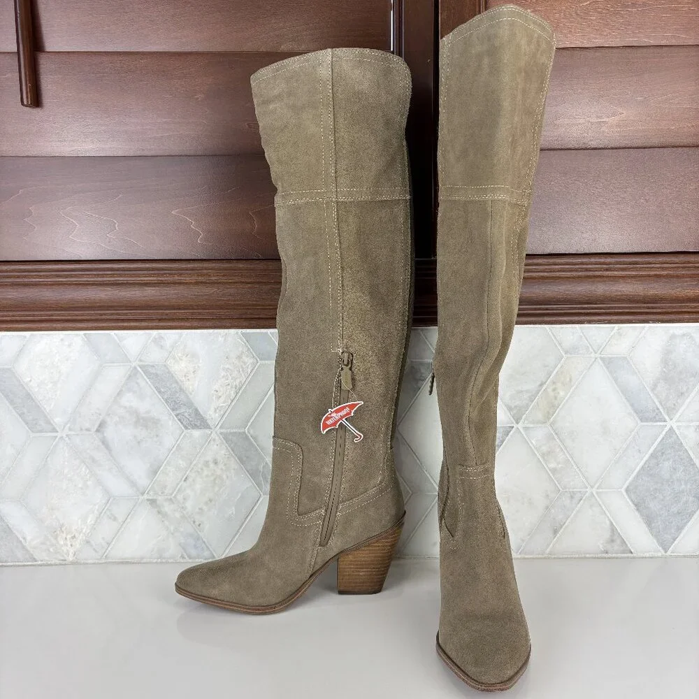 6M Taupe Knee High Boot Cuban Block Heel Pointed Toe Suede Waterproof Windie